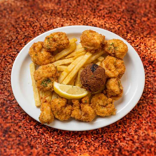 Fried Shrimp with French Fries.